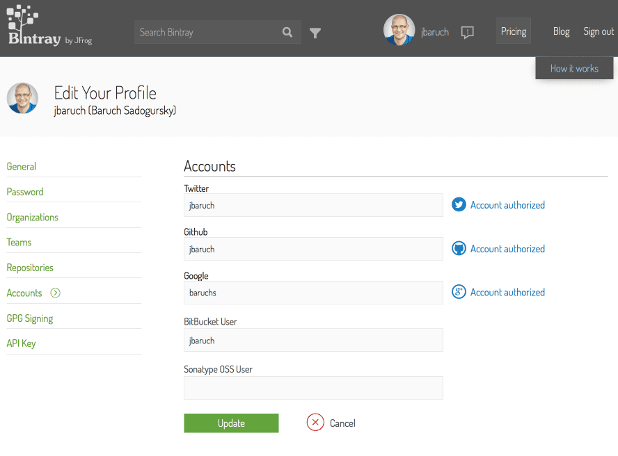 Authorize social accounts in Bintray profile Authorize social accounts in Bintray profile