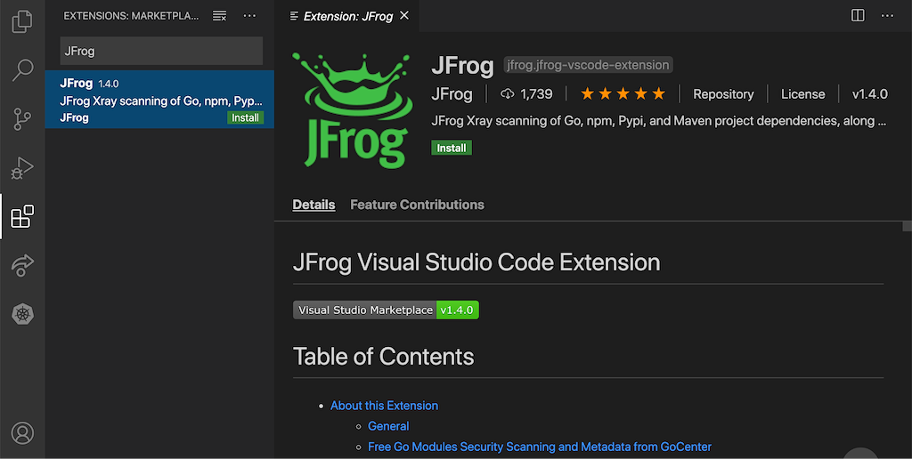 JFrog VS Code IDE extension - Golang free security scanning