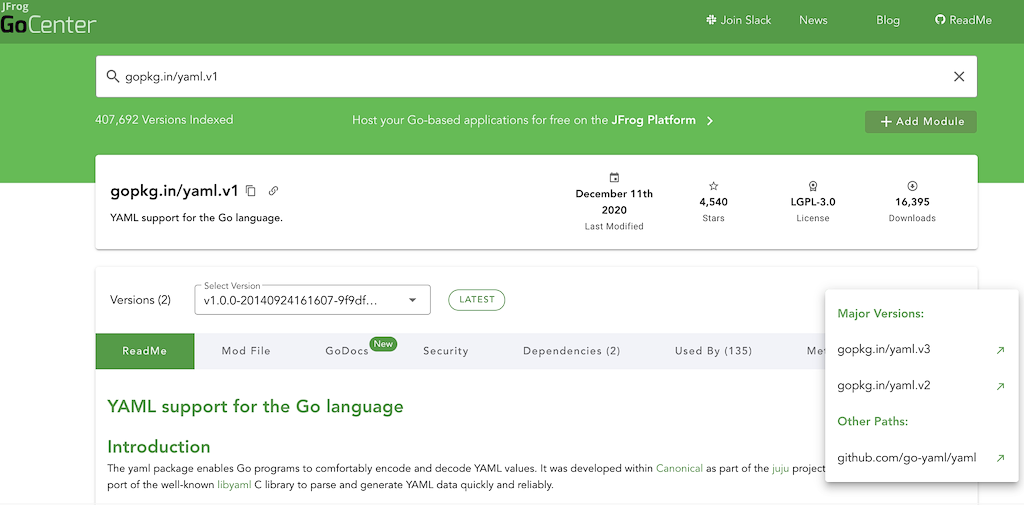 GoPkg YAML major versions in JFrog GoCenter