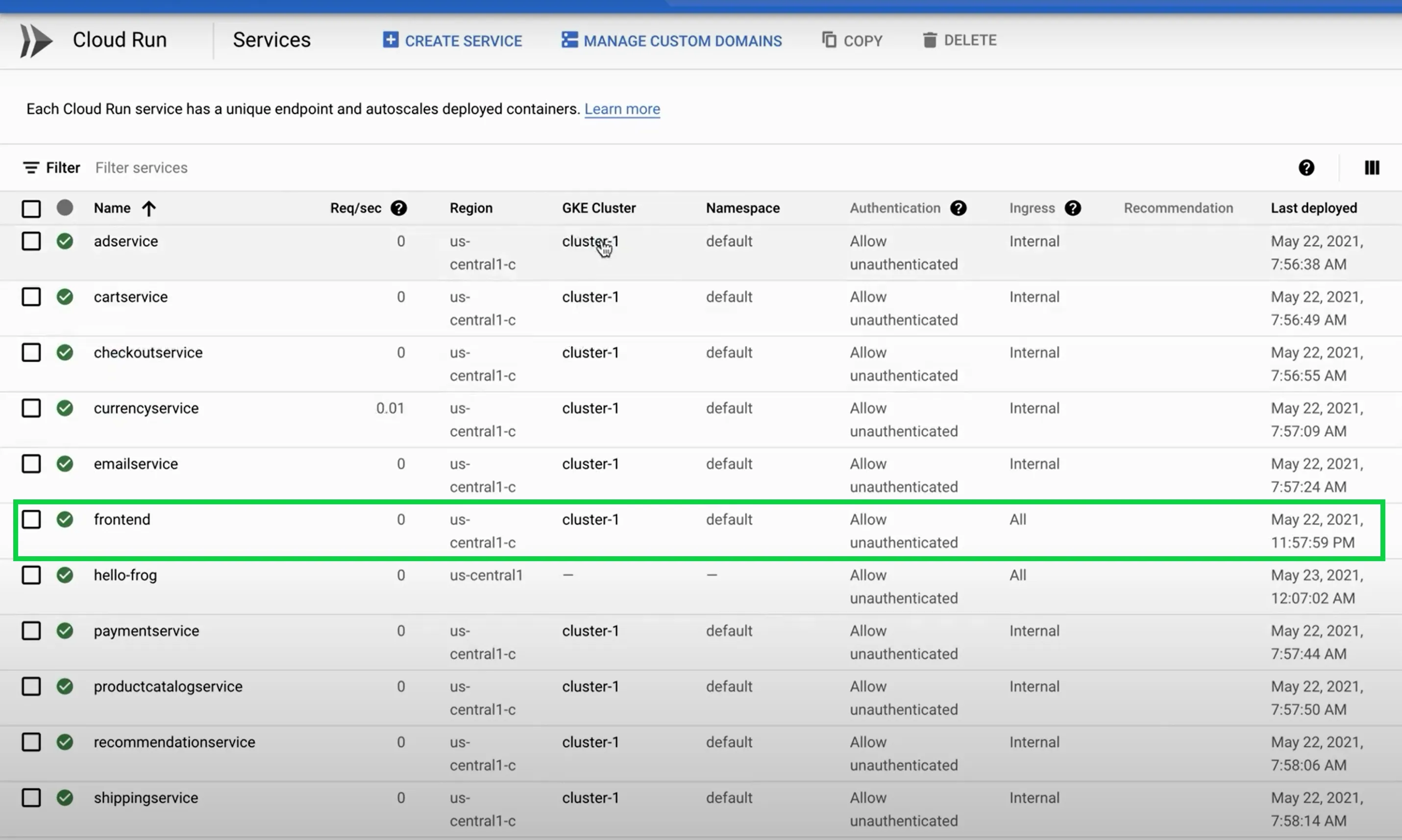 Google Cloud Run showing deployed front-end service
