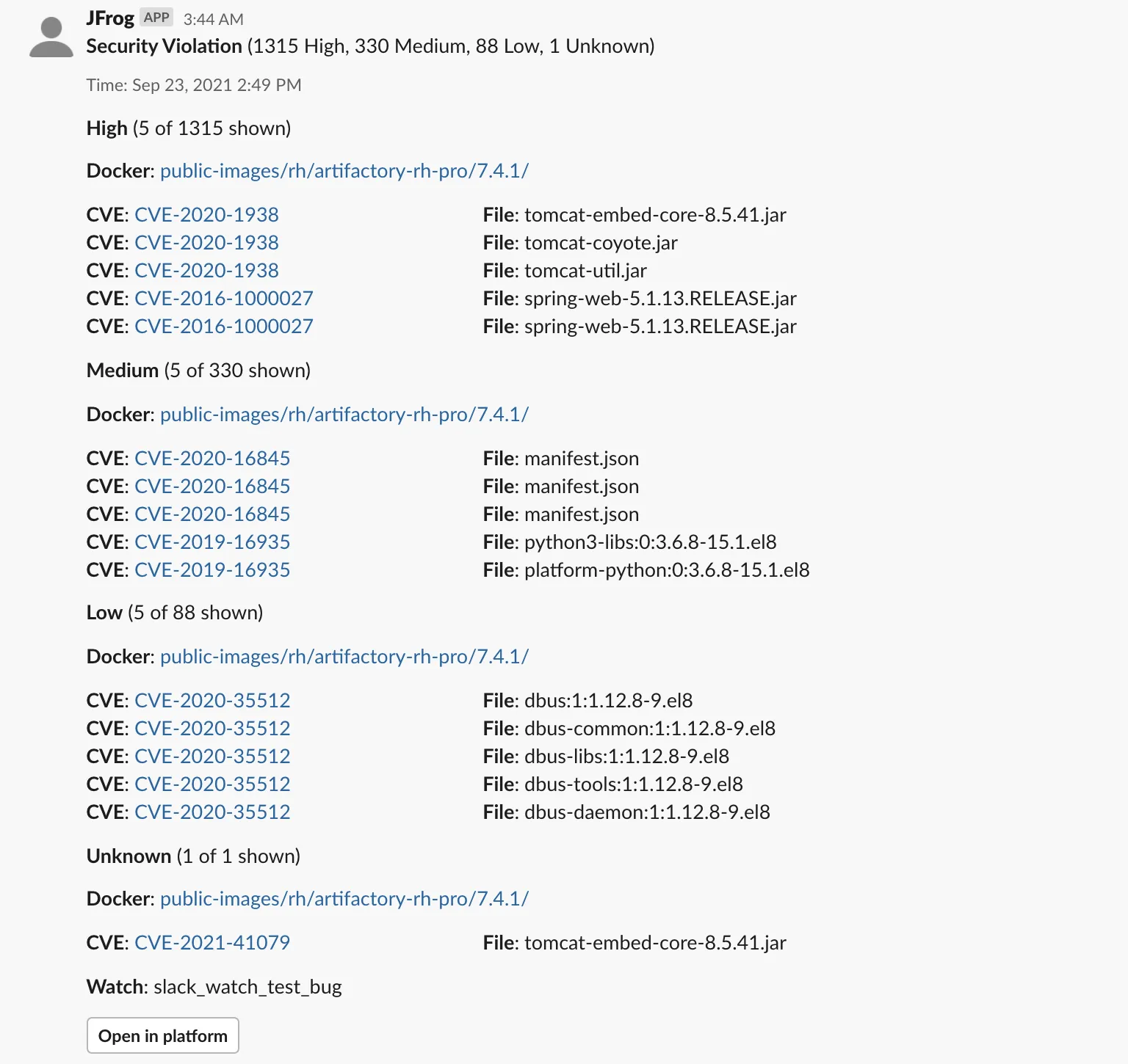 JFrog Slack App Security Violation