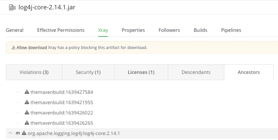 log4j-core-2.14.1.jar -use the Ancestors tab in Xray to identify all the impacted artifacts