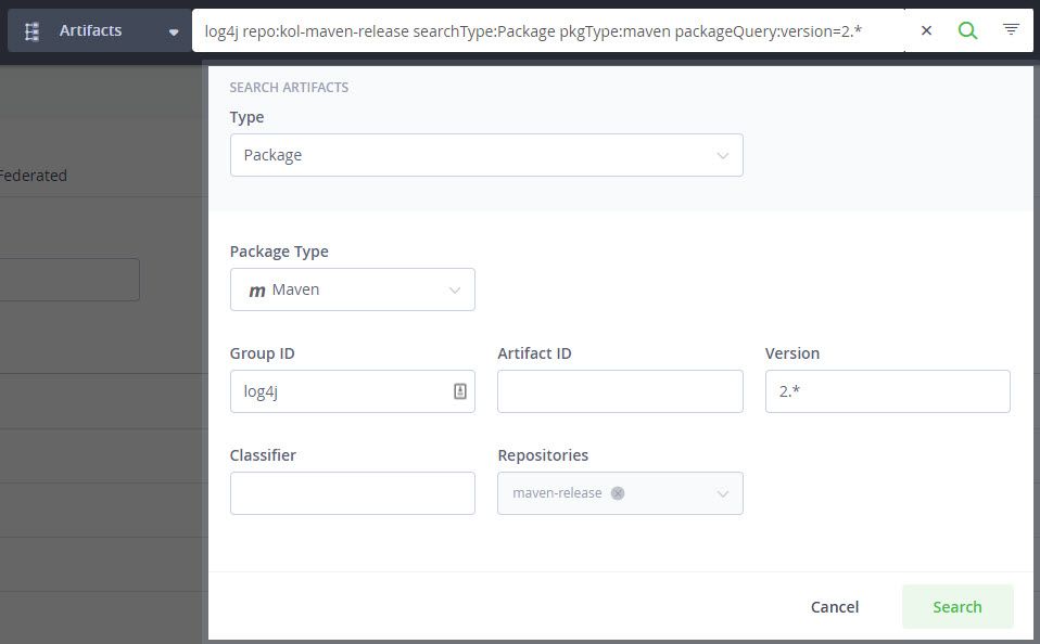 Use Artifactory to lookup the log4j packages