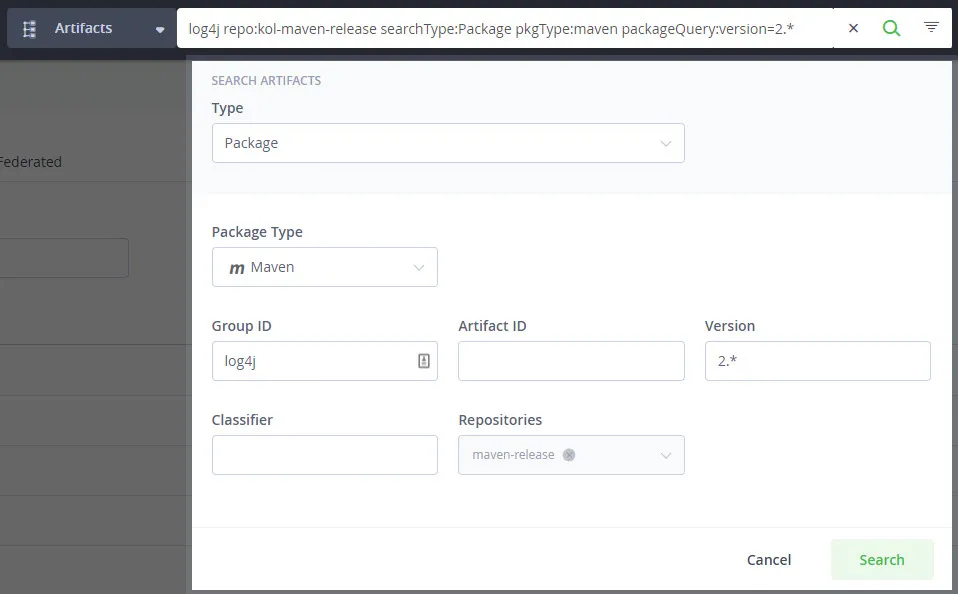 Use Artifactory to lookup the log4j packages