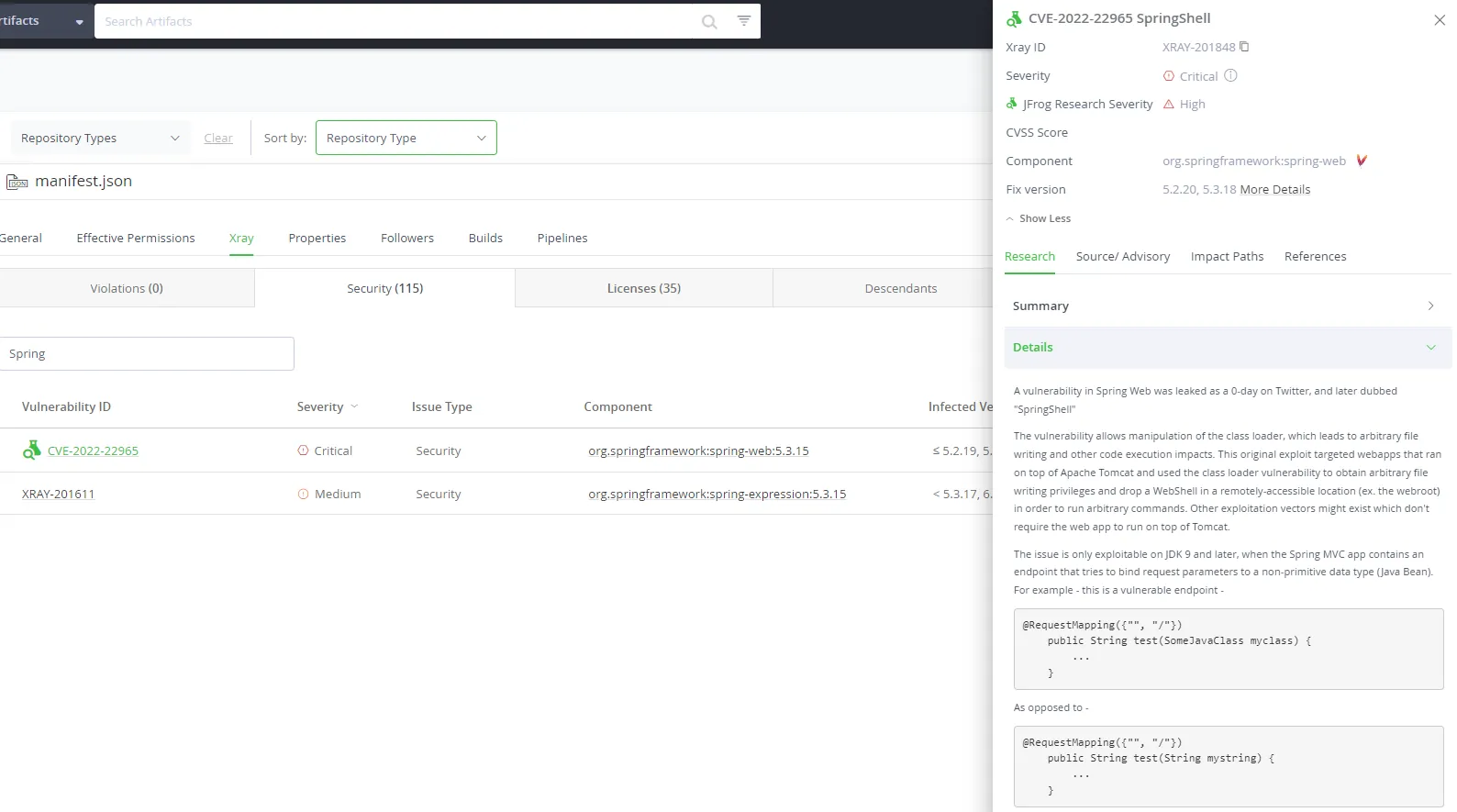 Fix the Spring Shell / Spring4Shell Vulnerability using Artifactory and Xray