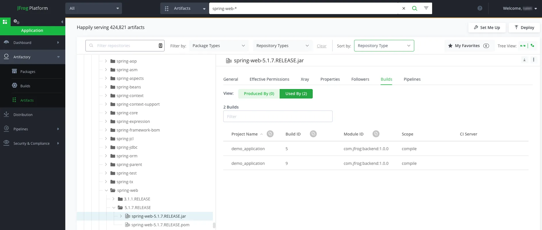 For each vulnerable version of the spring-web artifact, examine the “used by” tab