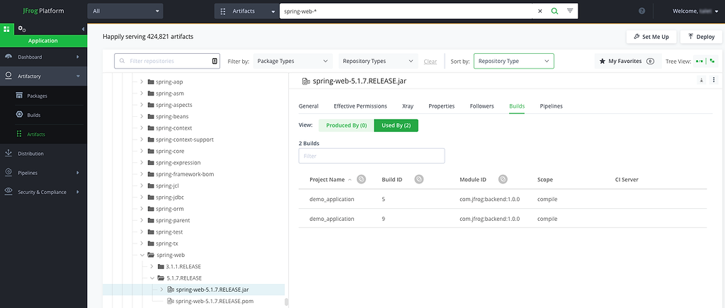 For each vulnerable version of the spring-web artifact, examine the “used by” tab