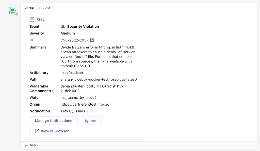 Xray Security Card in Microsoft Teams