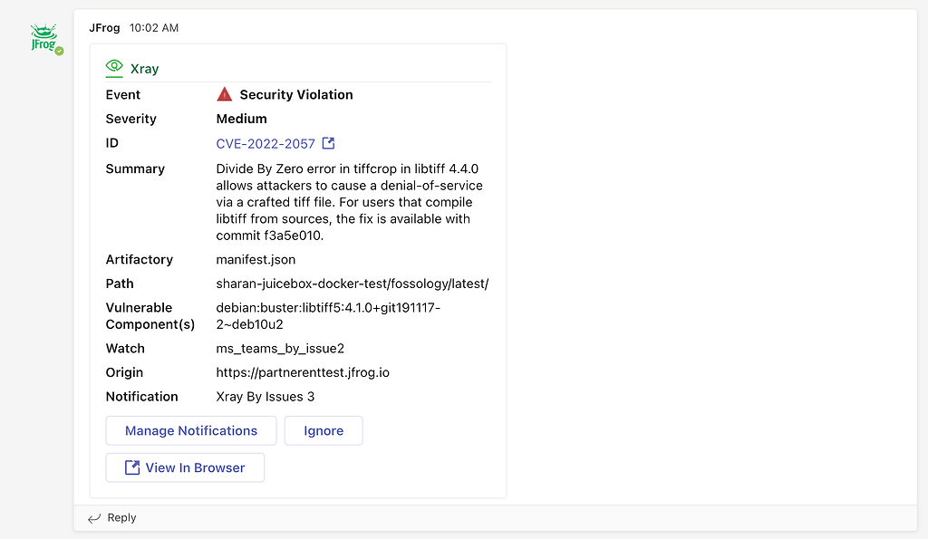 Xray Security Card in Microsoft Teams