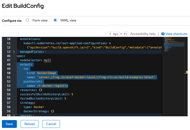 Image of BuildConfig editor showing code to configure the Artifactory path.