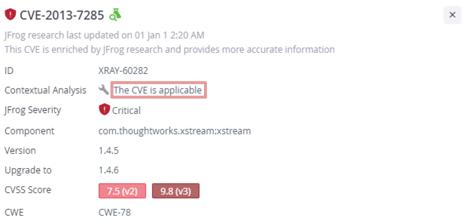 JFrog Xray Contextual Analysis results for CVE-2013-7285