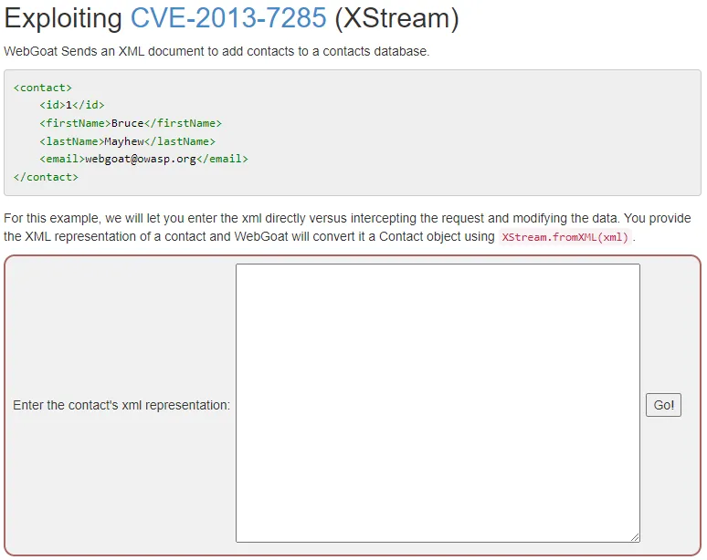 Xstream exploitation as part of WebGoat training