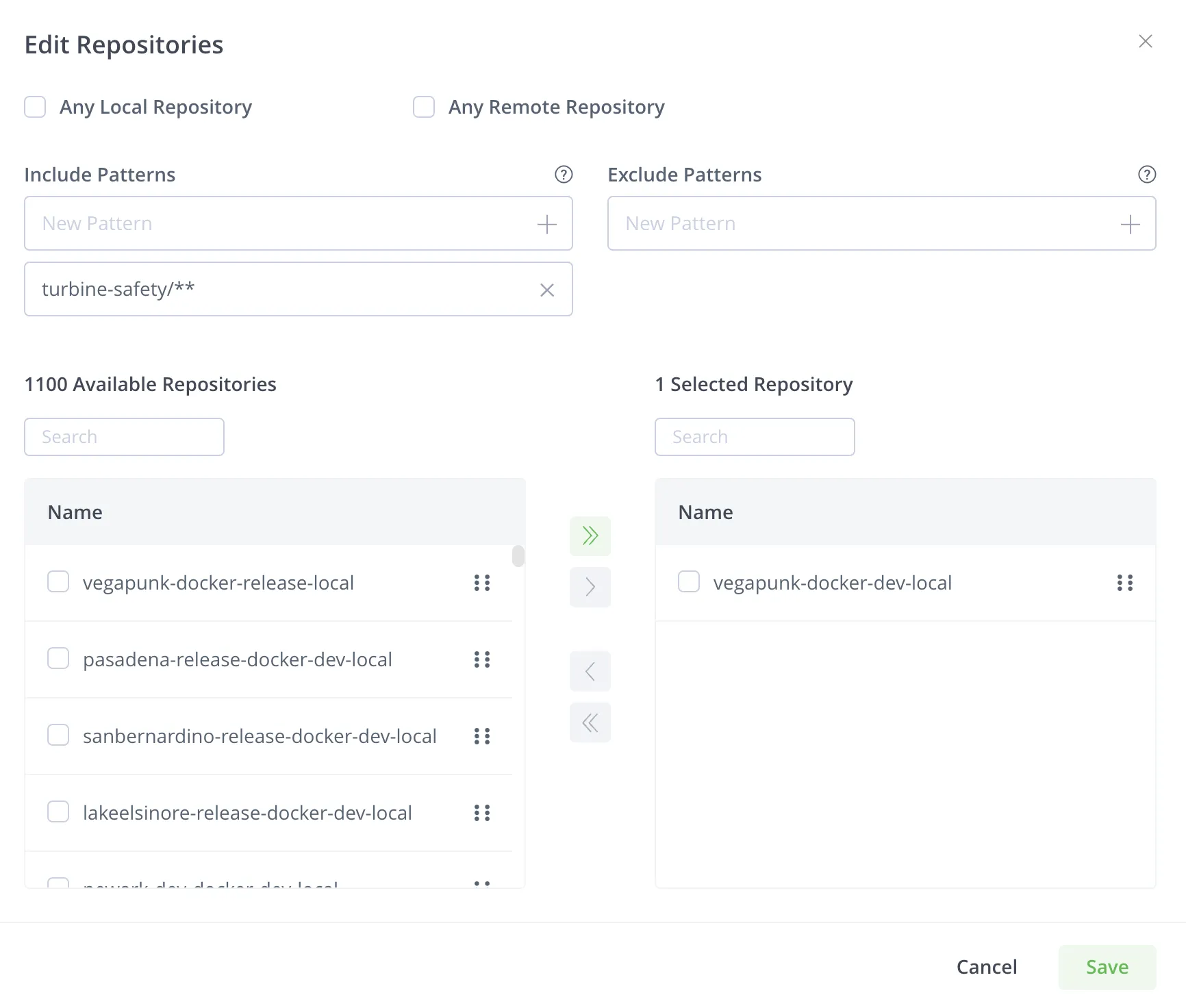 Screenshot of Repositories settings in Artifactory when setting up a new webhook.