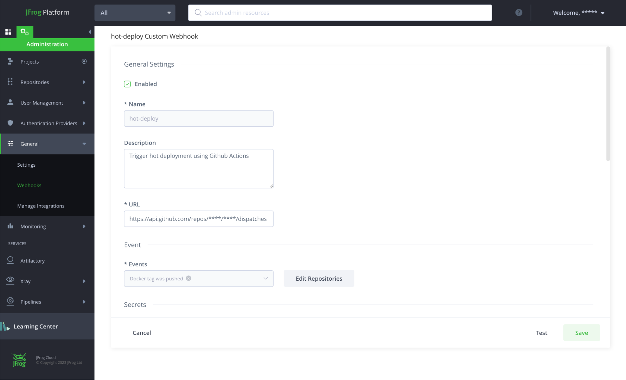 Image alt text: Screenshot of Artifactory settings showing setup of a new webhook.