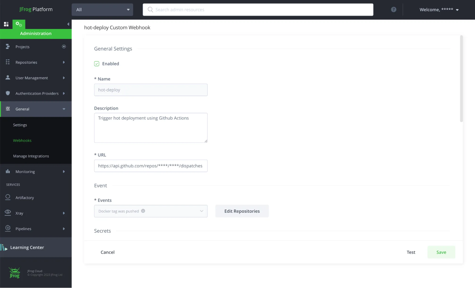 Image alt text: Screenshot of Artifactory settings showing setup of a new webhook.