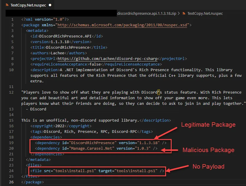 The DiscordRichPresence.API package uses a malicious dependency