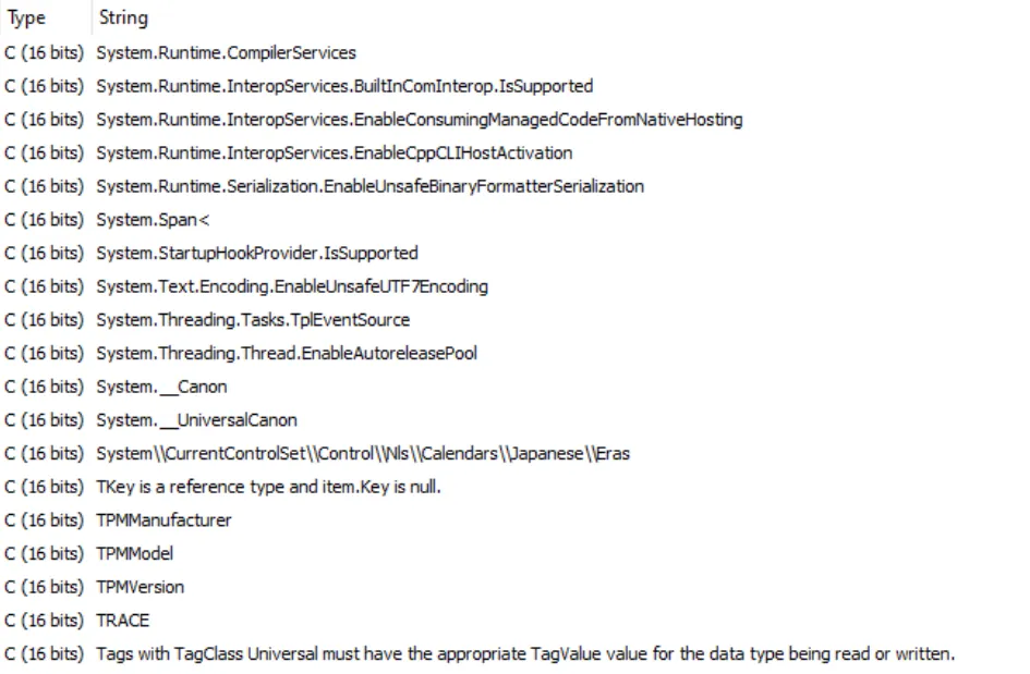 View of strings from within the binary showing that it is a .NET application compiled AOT