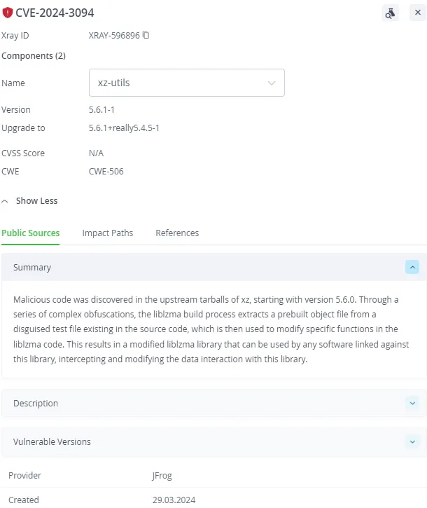Detecting and resolving CVE-2024-3094 with JFrog Xray