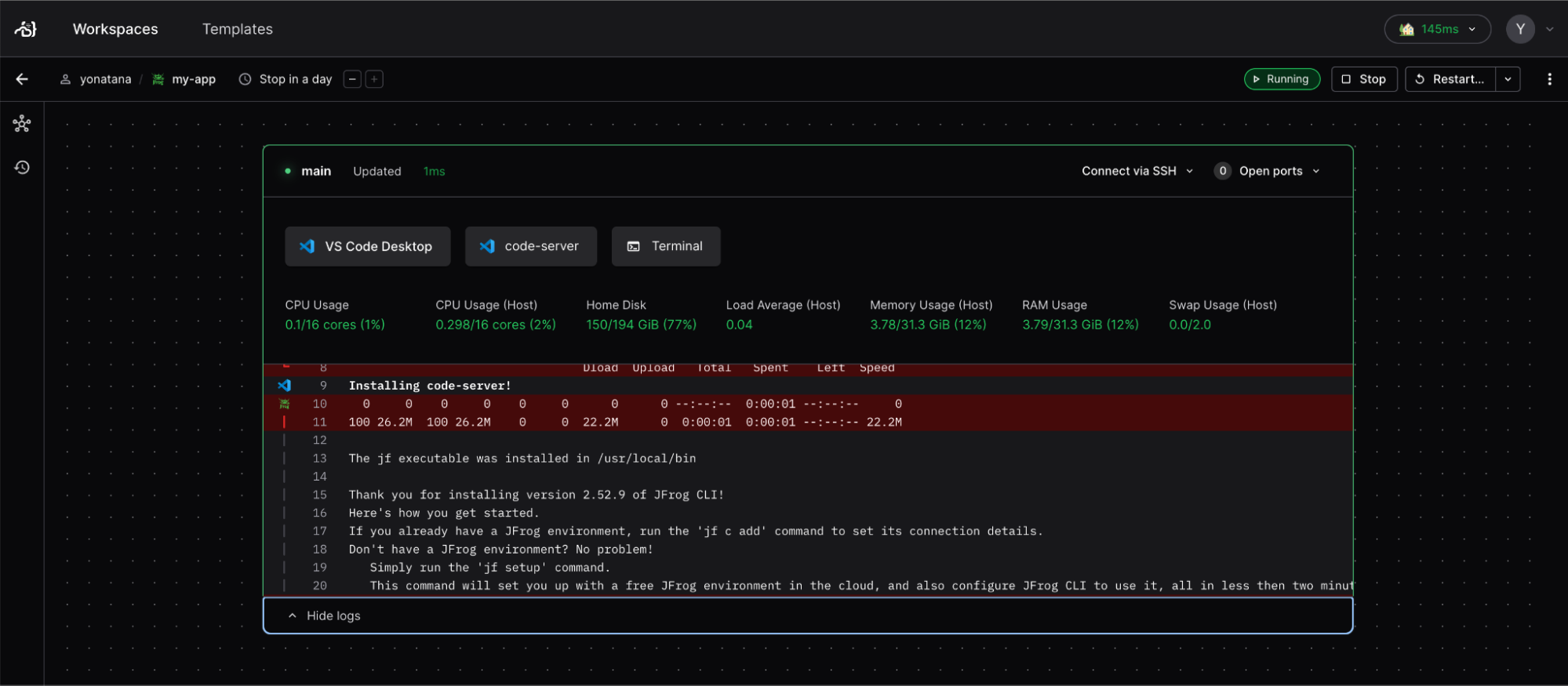 Successful installation of the JFrog CLI as an integral part of the workspace