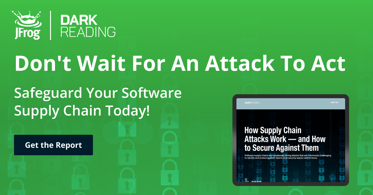 Promotional banner: JFrog and Dark Reading software supply chain security report ad
