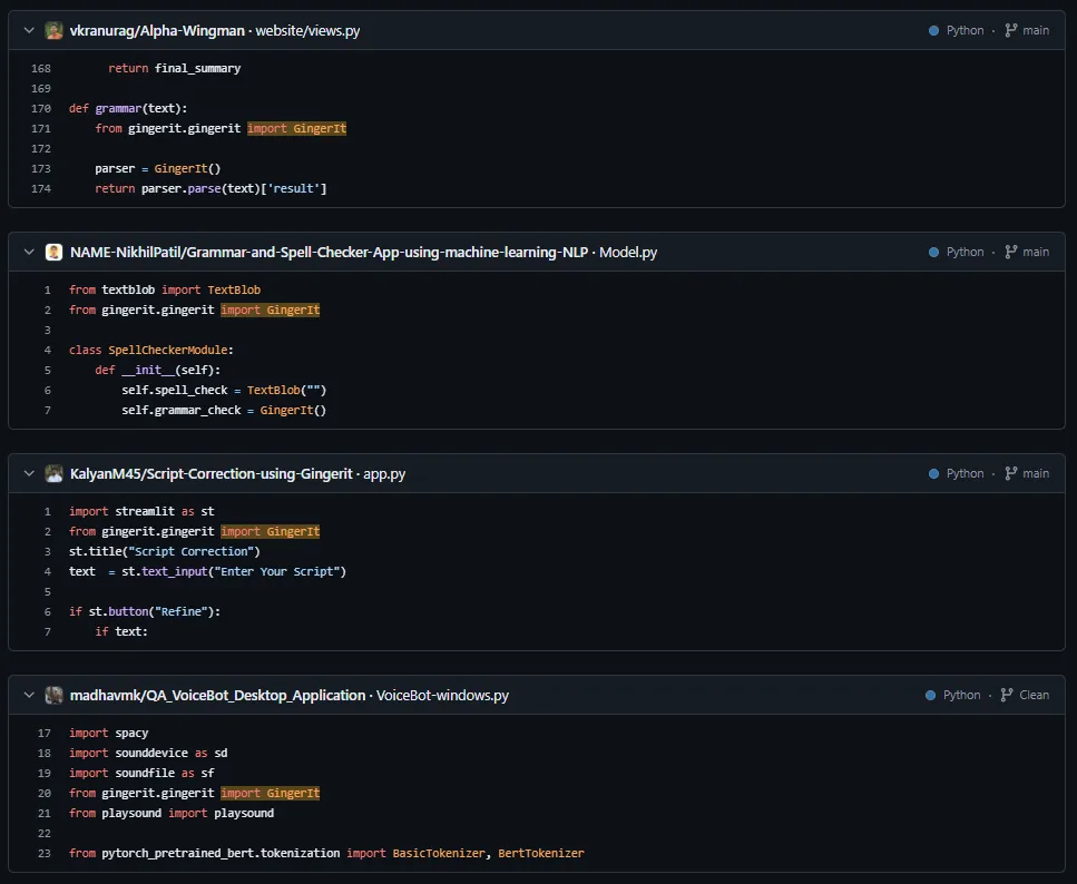 Some GitHub repositories that depend on the “gingerit” PyPI package