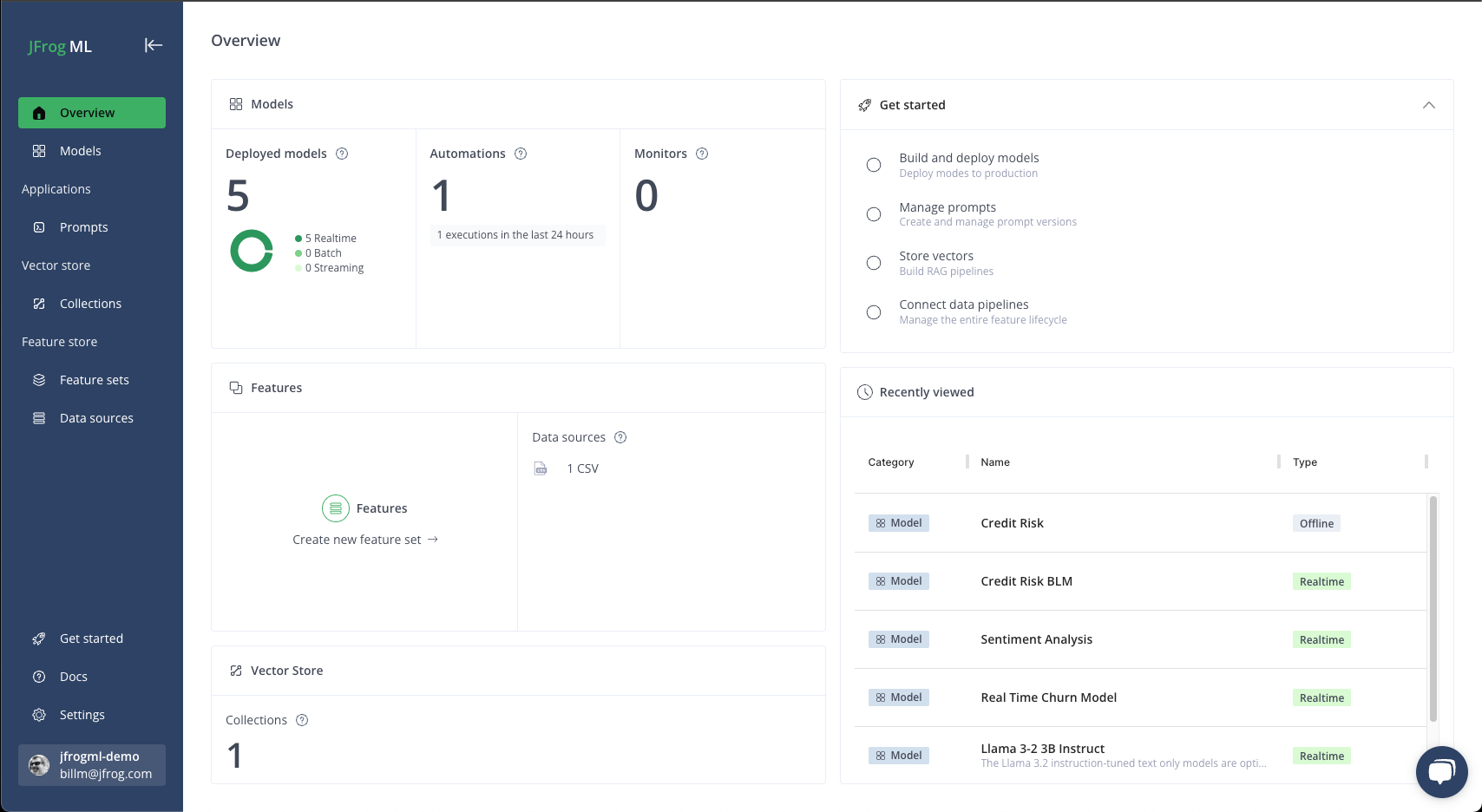 JFrog ML overview dashboard