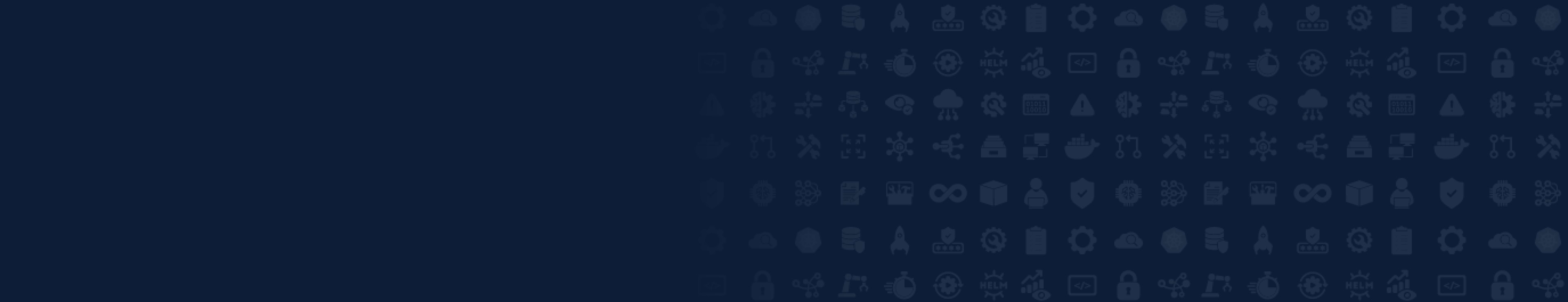 Decorative banner with dark navy background and faint DevOps/security technology icons pattern
