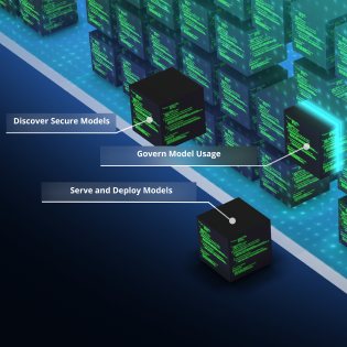 Black cubes with green code hover over a glowing grid, labeled: "Discover Secure Models," "Govern Model Usage," "Serve and Deploy Models."