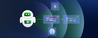 A robot labeled "AI" analyzes text with warning and approval indicators, connected with security and brain icons on a dark backdrop.