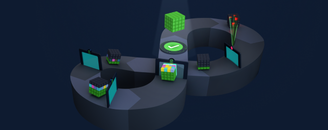 Green cubes interact with screens and graphs on a dark circular platform, illuminated with a central checkmark button.