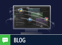 A computer screen displays code with floating app icons, including Python and Chrome