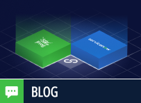 Two cubes, labeled "JFrog" and "ServiceNow," are connected by a glowing link on a grid-patterned dark background.