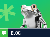 Robotic frog standing upright with mechanical limbs on a green background;