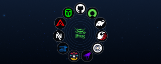 Circular arrangement of various software logos surrounding central "JFrog" logo; set against a dark, starry background.