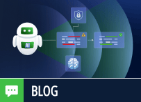 Robot with AI label connects to data blocks, security icons