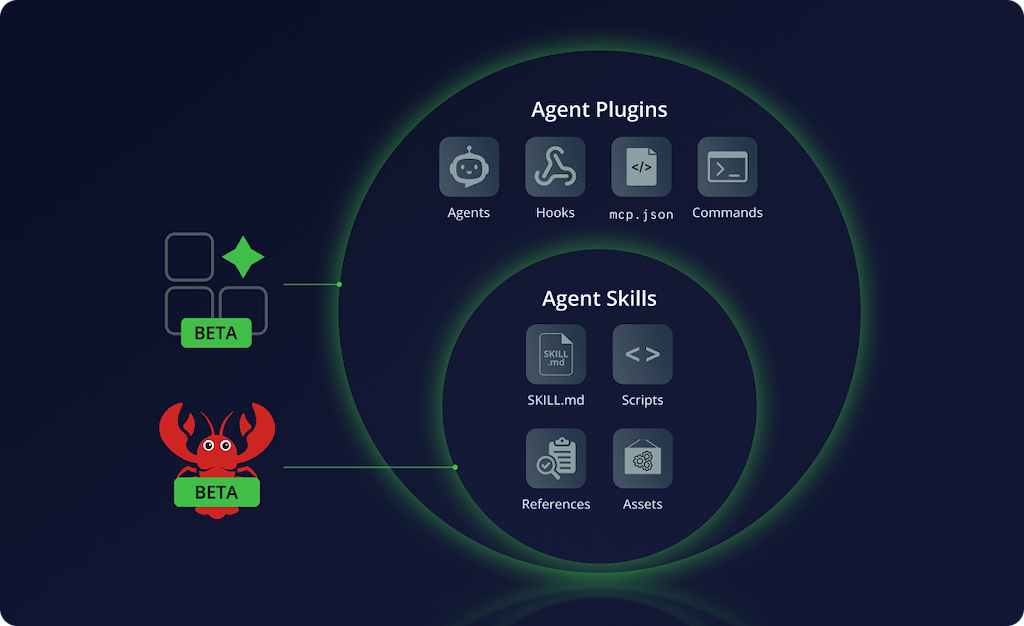Venn diagram showing Agent Skills nested as a subset within Agent Plugins.
