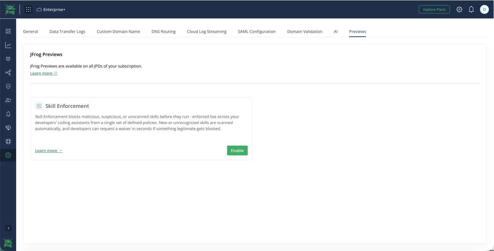 Screenshot of the JFrog Previews settings tab displaying the Skill Enforcement feature toggle option.