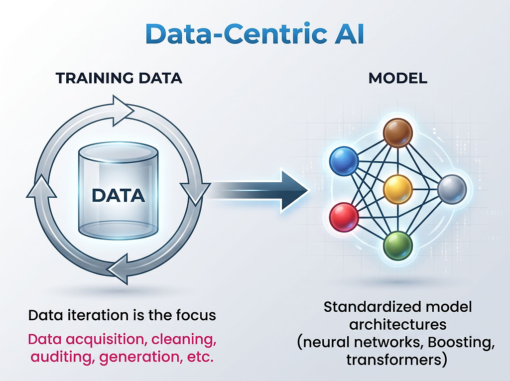Process diagram comparing iterative training data development with standardized AI model architectures.