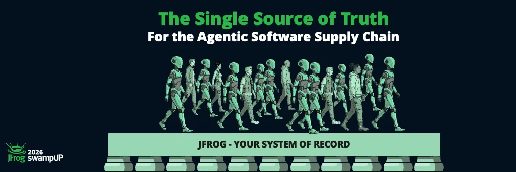 robot agents walking on top of pillars connected on a platform that reads JFrog - your system of record
