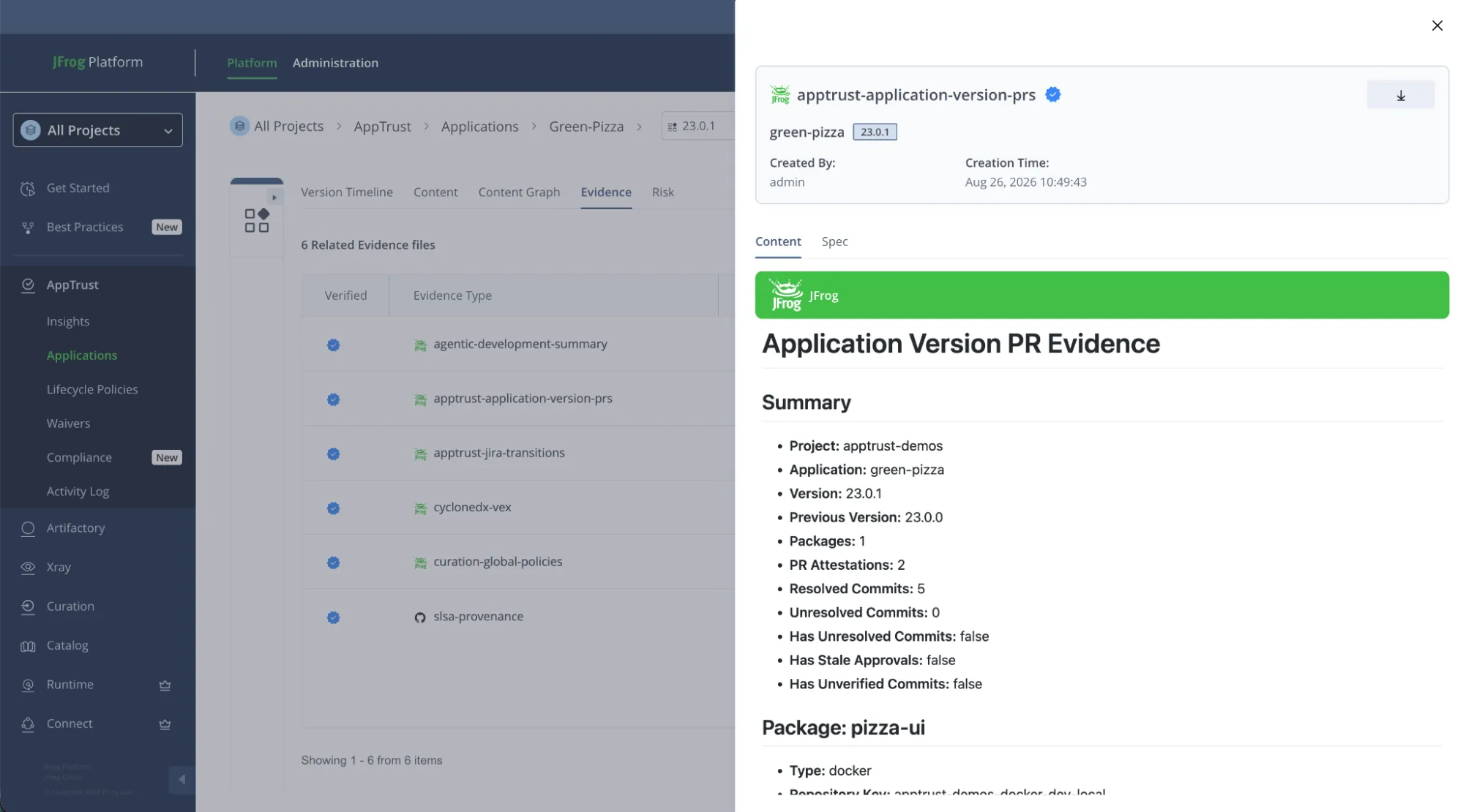 Screenshot of the JFrog Platform AppTrust tab displaying application version PR evidence.
