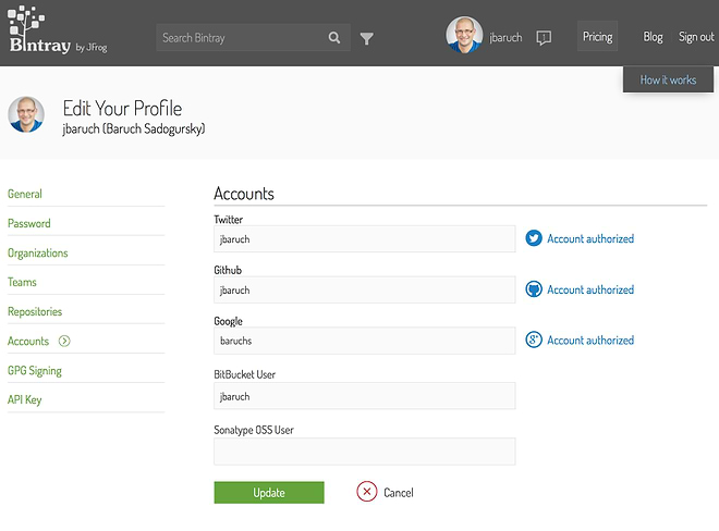 Authorize social accounts in Bintray profile