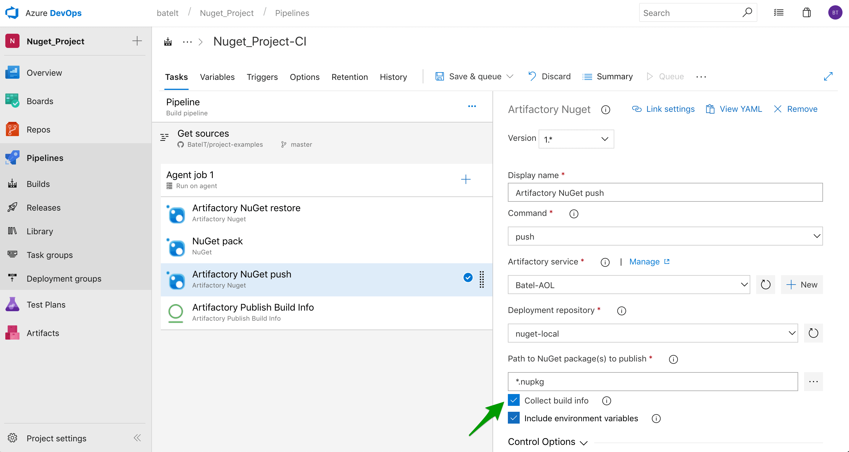 configure NuGet task to collect buildinfo 2
