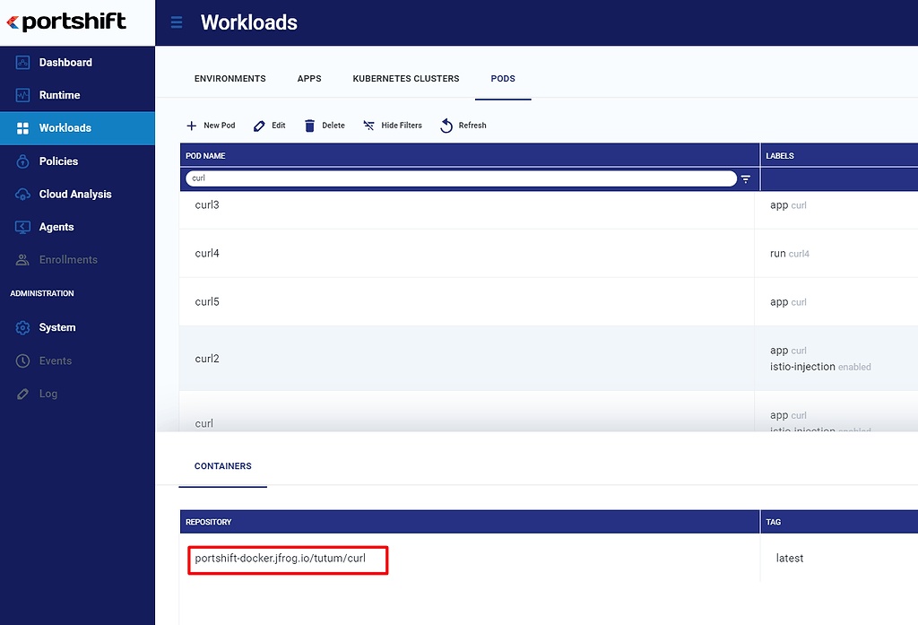 Portshift: Workloads screen