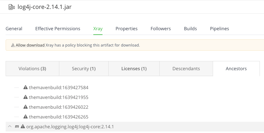 log4j-core-2.14.1.jar -use the Ancestors tab in Xray to identify all the impacted artifacts