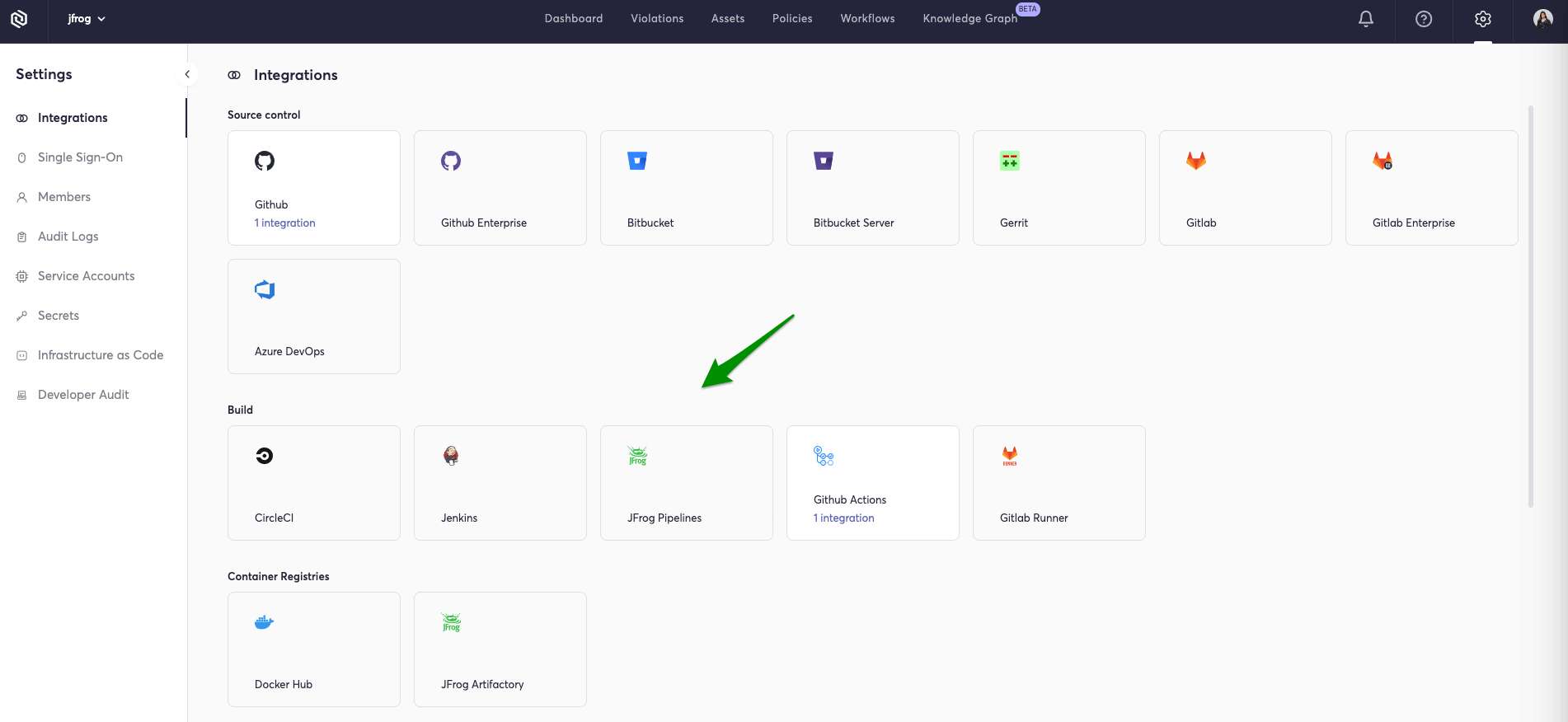 Add JFrog Pipelines from the integration tab