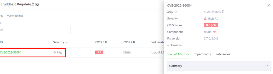Xray identifies Xray CVE-2022-36084 vulnerability