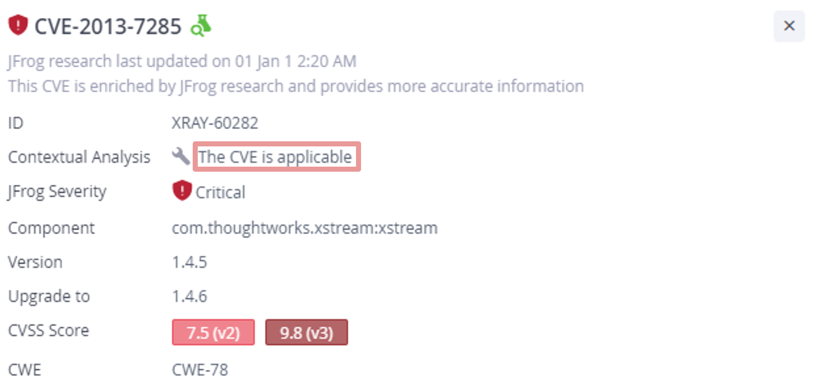 JFrog Xray Contextual Analysis results for CVE-2013-7285