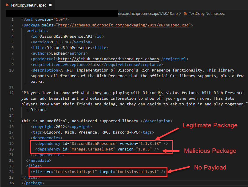 The DiscordRichPresence.API package uses a malicious dependency