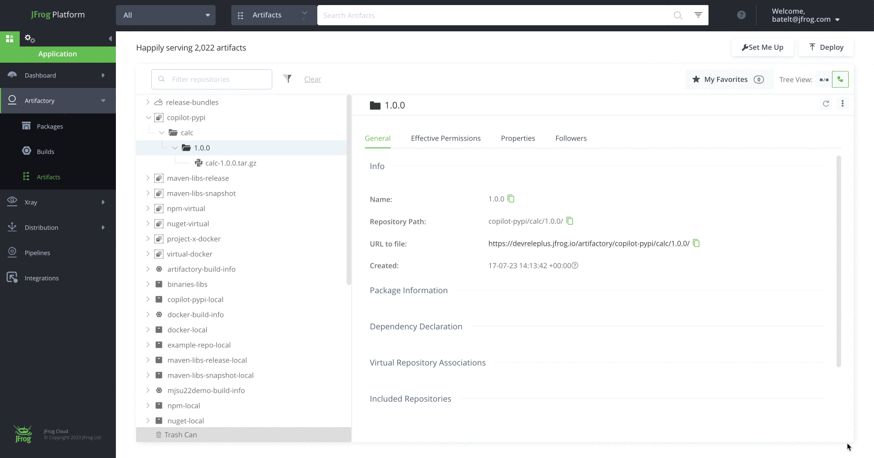 Upload calc package to JFrog Artifactory