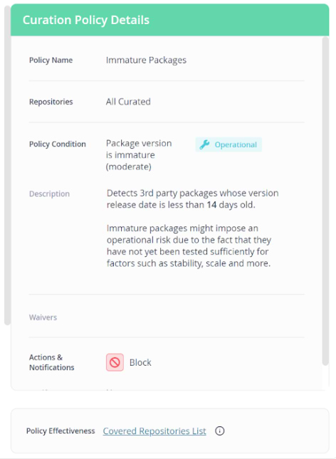 Immature package JFrog Curation policy details and block action